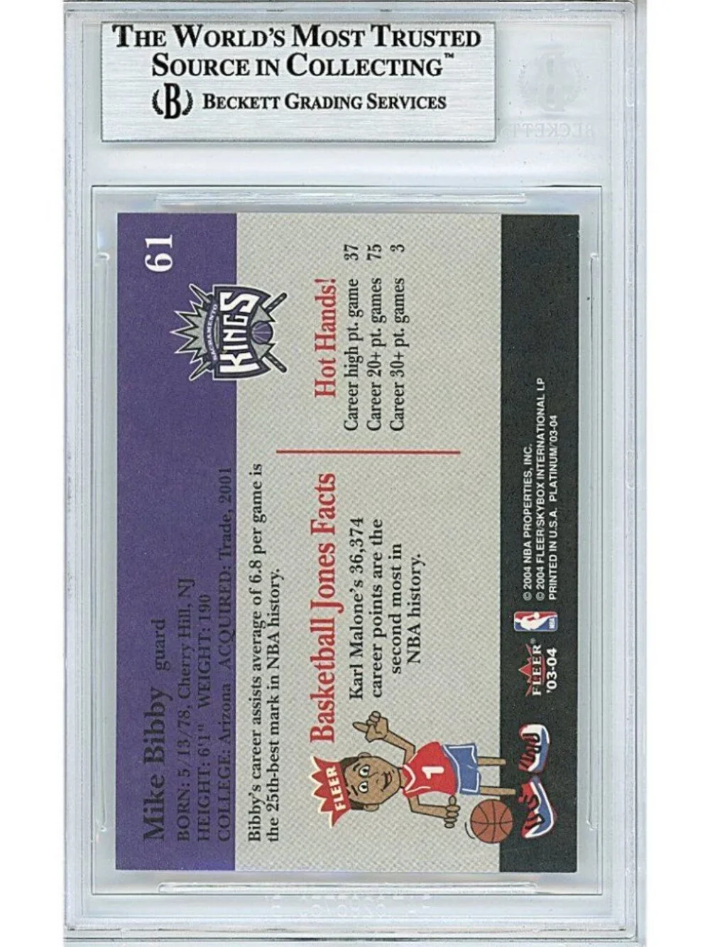 Mike Bibby Kings Signed 03-04 Fleer Basketball Card Beckett BAS Autograph Slab